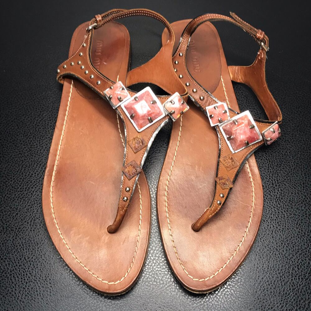 Miu Miu SZ 41 Brown Leather Thong Gladiator Sandals Pink Silver Pyramid Studs - Picture 6 of 13